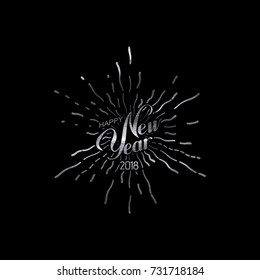 Happy 2018 New Year. Holiday Vector Illustration With Lettering Composition And Burst Or Light Rays. Silver Textured Happy New Year Label