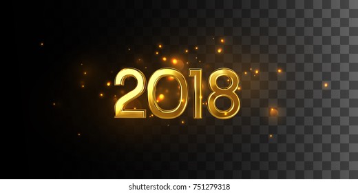 Happy 2018 New Year. Holiday Vector Illustration With Golden 2018 Numbers And Sparkling Light Particles Isolated On Black Transparent Background. Decorative Element For Festive Design