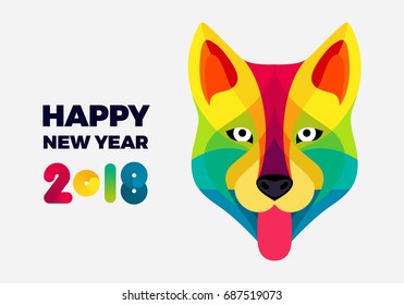 Happy 2018 New Year Illustration with Colorful Dog Head. Chinese New Year Traditional Symbol. Modern Vector Banner Design.