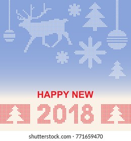 Happy 2018 New Year vector greeting card or party invitation with cross stitch reindeer, snowflakes, Christmas trees, toys and text. White and dark red elements on blue-grey gradient background. 