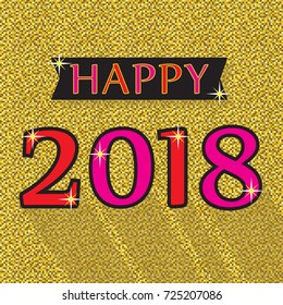 Happy 2018 red and pink emblem on golden background texture