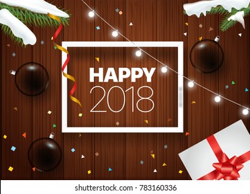 Happy 2018 vector concept. Presentation vector template. Different decorative elements on wood floor