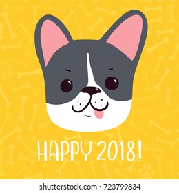 Happy 2018 Vector New Year greeting card. Hand drawn dog.