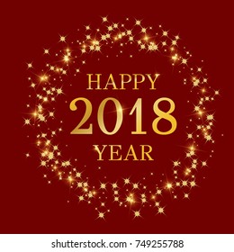 Happy 2018 year card with circle Gold glittering star dust. Vector greeting card