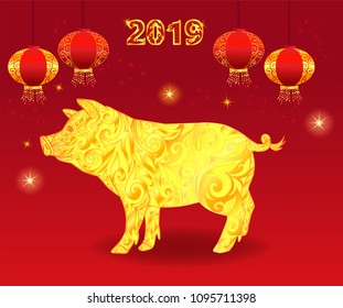 Happy 2019 Chinese New Year of Pig. Greeting card background with yellow pig and lanterns.