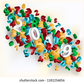 Happy 2019 New Year 3D gift card, vector illustration