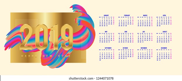 Happy 2019 new year calendar fluid style for your seasonal holidays flyers, greetings and invitations cards and christmas themed congratulations and banners. Abstract liquid shape. Vector illustration