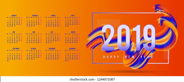 Happy 2019 new year calendar fluid style for your seasonal holidays flyers, greetings and invitations cards and christmas themed congratulations and banners. Abstract liquid shape. Vector illustration