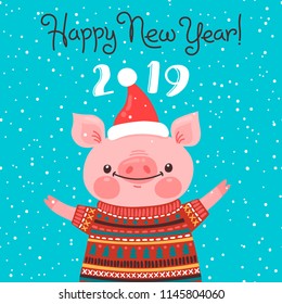 Happy 2019 New Year card. Funny piglet congratulates on holiday. Pig Chinese zodiac symbol of the year. Vector illustration in cartoon style.