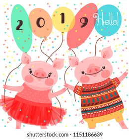 Happy 2019 New Year card. Couple of funny piglets congratulate on the holiday. Pig in ballet tutu and boar in sweater. Pig Chinese zodiac symbol of the year. Vector illustration in cartoon style.