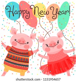 Happy 2019 New Year card. Couple of funny piglets congratulate on the holiday. Pig in ballet tutu and boar in sweater. Pig Chinese zodiac symbol of the year. Vector illustration in cartoon style.