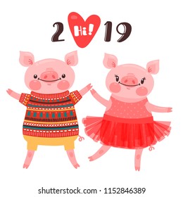 Happy 2019 New Year card. Couple of funny piglets congratulate on the holiday. Pig in ballet tutu and boar in sweater. Pig Chinese zodiac symbol of the year. Vector illustration in cartoon style.