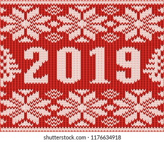 Happy 2019 New Year card,  knitted texture, vector illustration