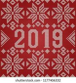 Happy 2019 New Year card, knitted texture, vector illustration