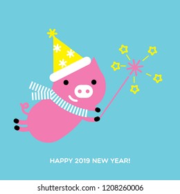 Happy 2019 new year card with symbol of the year - pig. Vector illustration