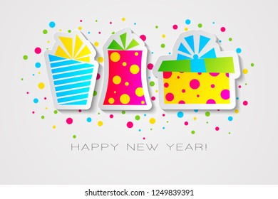 Happy 2019 new year card in paper stylewith presents  for your seasonal holidays flyers, greetings and invitations cards and christmas themed congratulations and banners. Vector illustration