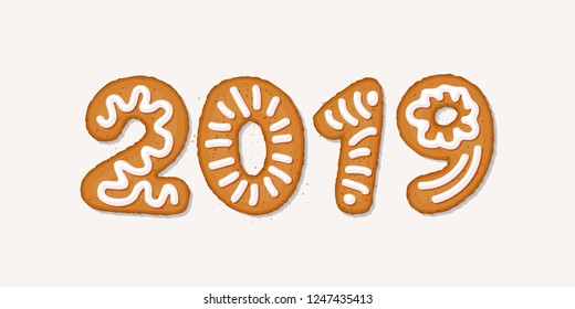 Happy 2019 new year concept with gingerbread cookies, covered in ice-sugar syrup, isolated on white. Christmas holiday cookie letters, cartoon vector illustration. Gingerbread new year and xmas cookie