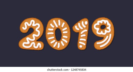 Happy 2019 new year concept with gingerbread cookies, covered in ice-sugar syrup, isolated on white. Christmas holiday cookie letters, cartoon vector illustration. Gingerbread new year and xmas cookie