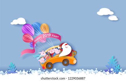 Happy 2019 New Year design card with Santa Claus and small pigs driving yellow bus on snow with blue sky background . Vector paper art illustration. Paper cut and craft style. Happy 2019 New Year design card with Santa Claus and small pigs driving yellow bus on snow with blue sky background . Vector paper art illustration. Paper cut and craft style.