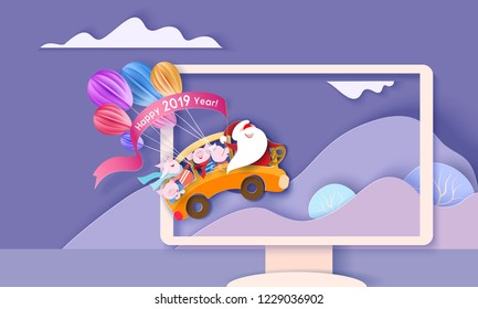 Happy 2019 New Year design card with Santa Claus and small pigs driving yellow bus in Monitor screen with mountains. Paper cut style. Vector illustration