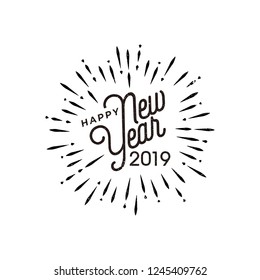 Happy 2019 New Year with firework. Holiday Vector Illustration lettering Composition. Vintage festive label Holiday Vector Illustration
