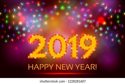 Happy 2019 New Year Flyer. Christmas Greeting Card. Vector illustration