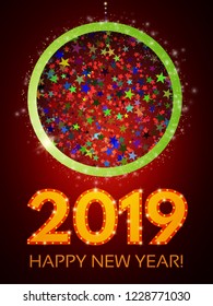 Happy 2019 New Year Flyer. Christmas Greeting Card. Vector illustration