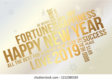 Happy 2019 New Year greeting card. Wishes every success, happiness, joy, best of everything, good health, love. 2019 new year greeting banner. 