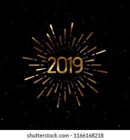 Happy 2019 New Year. Holiday Vector Illustration With Lettering And Burst Or Light Rays. Golden Textured Happy New Year Label