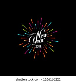 Happy 2019 New Year. Holiday Vector Illustration With Lettering Composition And Bursting Fireworks shape.