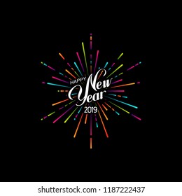 Happy 2019 New Year. Holiday Vector Illustration With Lettering Composition And Bursting Fireworks shape.