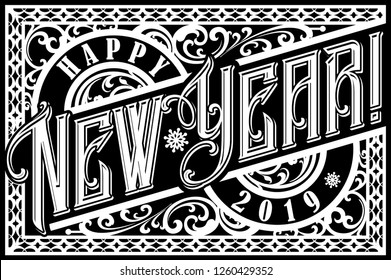 Happy 2019 New Year. Holiday Vector Illustration With Lettering Composition. Vintage festive label