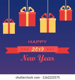 Happy 2019 New Year holiday greeting card with gift boxes. Vector illustration