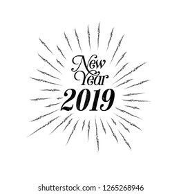 Happy 2019 New Year. Holiday Vector Illustration With Lettering Composition And Burst. Vintage festive label - Vector