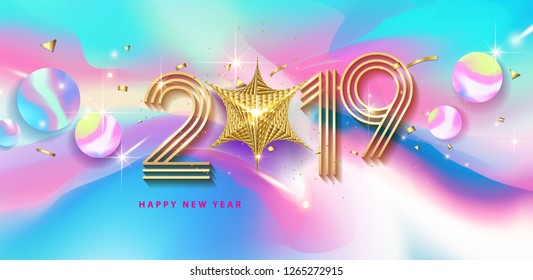 Happy 2019 New Year. Holiday Vector Illustration With colorful liquid Composition gold shiny color. Colorful geometric background. Fluid shapes composition. Eps10 vector.