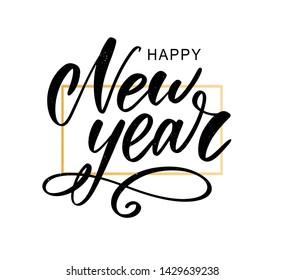 Happy 2019 New Year. Holiday Vector Illustration With Lettering Composition And Burst. Vintage festive label