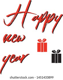 Happy 2019 New Year. Holiday illustration with handwritten lettering composition and the silhouette of two gifts of red and black. Vintage festive label. Simple greeting card. Vector Eps.8.