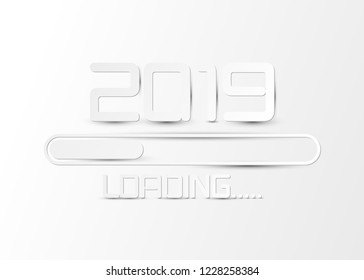 Happy 2019 new year loading bar card in white paper style for your seasonal holidays flyers, greetings and invitations cards and Christmas themed congratulations and banners. Vector illustration