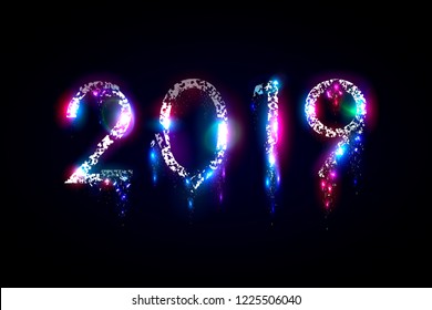 Happy 2019 New Year. 2019 numbers on dark background. Crumbling and luminous letters. Small particles. Neon glow. Lens flares. Vector illustration. EPS 10.