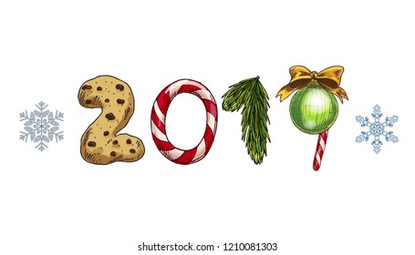 Happy 2019 New Year vector illustration. Numbers 2019 compiled by decoration elements isolated on white background. Winter hollidays collection