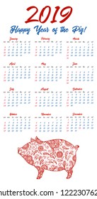 Happy 2019 New Year Vector Calendar Template. Happy Year of the Pig Chinese Planner Design. Decorative Ornamental Hand Drawn Zodiac Sign Pig Illustration.