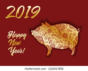 Happy 2019 New Year Vector Greeting Card with Hand Drawn Decorative Pig Sign on Red Background.