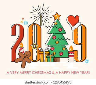 Happy 2019 New year vector illustration in modern line art style