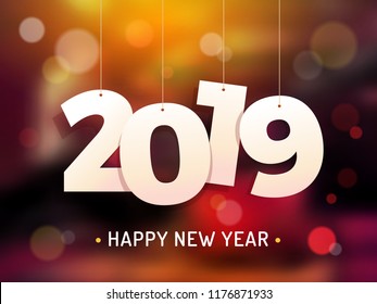 Happy 2019 New Year's Eve Celebration concept with numbers hanging on threads with bokeh blurred background behind vector illustration