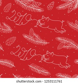 Happy 2019 Pig Year Vector Seamless Pattern. Festive winter holidays red background with happy pig, spruce branches, snowflakes and pine cones. Christmas gift paper 