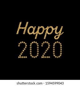 Happy 2020 with golden glitter elements on black background