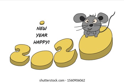 Happy 2020 mouse year! Greeting card. Mouse on cheese