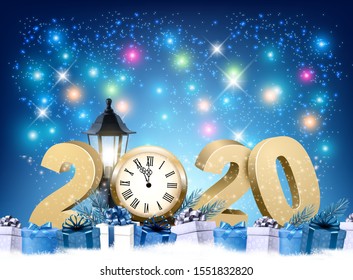 Happy 2020 New Year background with colorful presents and firework. Vector.