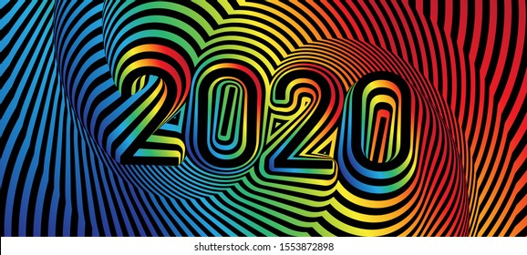 Happy 2020 new year background. Striped color gradient numbers, text. Brochure design template, card, banner. Optical illusion, op art.