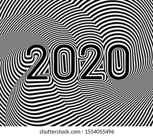 Happy 2020 new year background. Black white striped numbers, text. Brochure design template, card, banner. Optical illusion, op art.